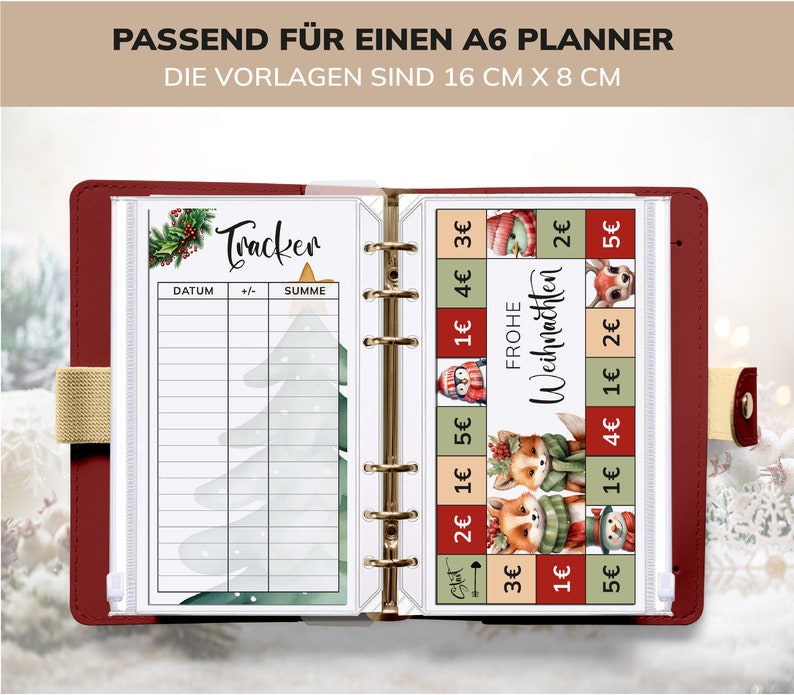 May include: A red A6 planner with a clear plastic cover. The planner has a tracker page with a Christmas tree design and a page with a Christmas themed design with the text "Frohe Weihnachten" (Merry Christmas) and various prices in Euros.