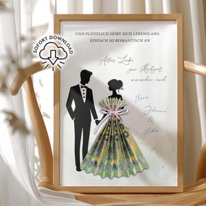 Könnte beinhalten: Ein gerahmter Kunstdruck für Hochzeiten mit einer Silhouette eines Paares, das sich an den Händen hält. Das Kleid der Braut ist aus gefaltetem Papiergeld gefertigt. Der Druck enthält deutschen Text und die Worte "SOFORT DOWNLOAD".