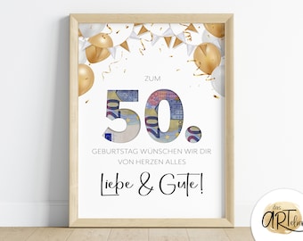 Geldgeschenk zum 50. Geburtstag | last minute Geburtstagsgeschenk | Bild | Poster | persönliches Geschenk | digitaler Sofort Download PDF