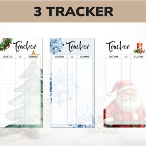 May include: Three printable Christmas tracker sheets with different designs. The first sheet features a green watercolor Christmas tree, the second sheet features a blue watercolor snowflake, and the third sheet features a red watercolor Santa Claus.