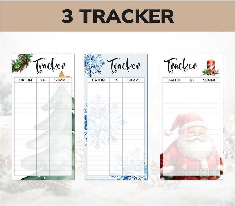 May include: Three printable Christmas tracker sheets with different designs. The first sheet features a green watercolor Christmas tree, the second sheet features a blue watercolor snowflake, and the third sheet features a red watercolor Santa Claus.