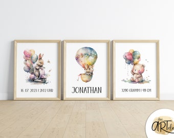 personalisiertes Poster für Kinderzimmer | Babyzimmer | 3er Set | Bild Geschenk zur Geburt | Junge | Mädchen | Regenbogen Waldtiere | PDF