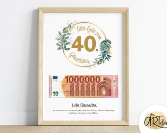 40歳の誕生日のためのパーソナライズされたお金の贈り物 |名前入り |誕生日プレゼント |デジタルダウンロード |誕生日プレゼント