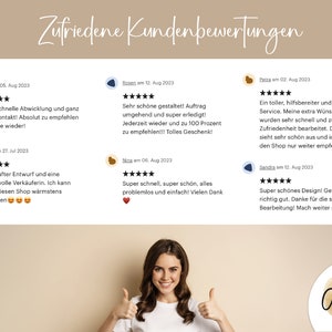 Pu&ograve; includere: Cinque stelle per le recensioni dei clienti di un negozio online, con una donna sorridente che fa il pollice in su. Le recensioni evidenziano la rapidit&agrave; di spedizione, l'eccellente servizio clienti e i bellissimi design.