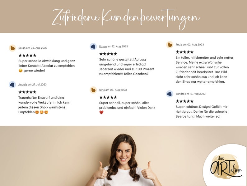 Pu&ograve; includere: Cinque stelle per le recensioni dei clienti di un negozio online, con una donna sorridente che fa il pollice in su. Le recensioni evidenziano la rapidit&agrave; di spedizione, l'eccellente servizio clienti e i bellissimi design.