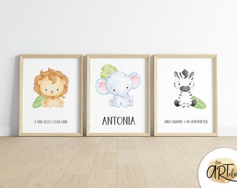 personalized poster for children's room | Baby room | Set of 3 | Picture gift for a birth | Boy or Girl | digital download | zoo