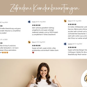 May include: Five-star customer reviews for an Etsy shop called "das Atelier". The reviews highlight the shop's fast shipping, great customer service, and beautiful designs. The image also includes a smiling woman giving a thumbs up.