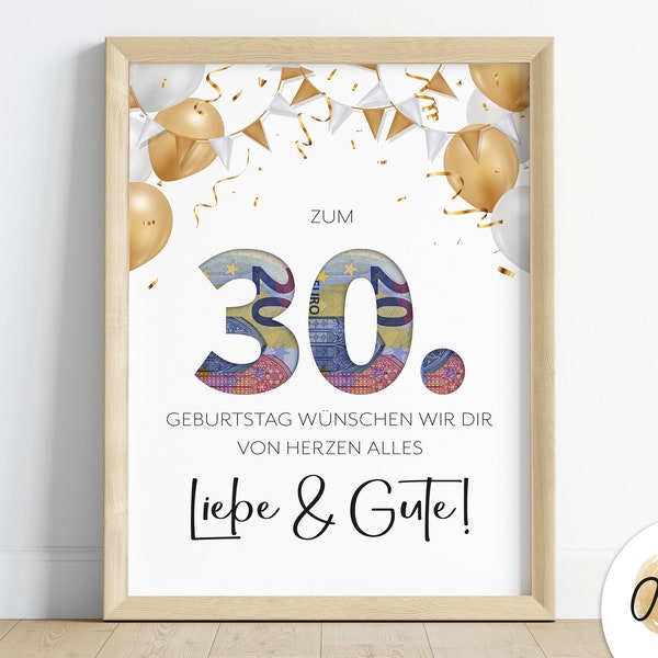 Money gift for a 30th birthday | last minute birthday present | Image | Posters | personal gift | digital instant download PDF