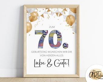 Money gift for 70th birthday | last minute birthday present | image | Posters | personal gift | Digital Instant Download PDF