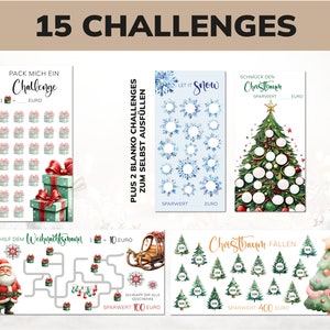 May include: A set of 15 Christmas-themed challenges for kids. The challenges include decorating a Christmas tree, helping Santa deliver presents, and collecting snowflakes. Each challenge has a designated amount of money to be saved.