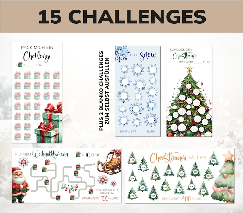 May include: A set of 15 Christmas-themed challenges for kids. The challenges include decorating a Christmas tree, helping Santa deliver presents, and collecting snowflakes. Each challenge has a designated amount of money to be saved.