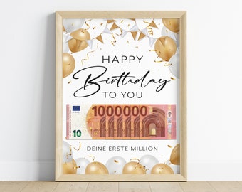 Birthday cash gift | Money | First million | Creative DIY birthday gift | Digital download | PDF | Balloons | 10 euro note