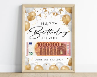 Money gift birthday | money | First million | creative birthday gift DIY | digital download | PDF | Balloons | 10 euro note