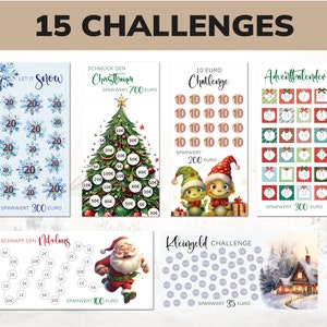 May include: A set of 10 Christmas saving challenge cards. Each card features a different theme, such as "Let it Snow", "Schmuck den Christbaum", "10 Euro Challenge", "Adventkalender", "Schnapp den Nikolaus", and "Kleingeld Challenge". The cards have a festive design and include a savings goal for each challenge.
