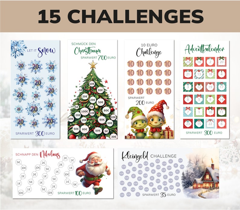 May include: A set of 10 Christmas saving challenge cards. Each card features a different theme, such as "Let it Snow", "Schmuck den Christbaum", "10 Euro Challenge", "Adventkalender", "Schnapp den Nikolaus", and "Kleingeld Challenge". The cards have a festive design and include a savings goal for each challenge.