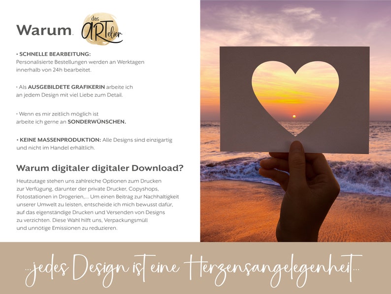 Pu&ograve; includere: Un'illustrazione di graphic design con un ritaglio a forma di cuore che rivela un tramonto sull'oceano. Il testo "das arteler" &egrave; in un cerchio nella parte superiore dell'immagine. Il testo "Warum digitaler Download?" &egrave; in un grande carattere nella parte superiore dell'immagine. Il testo "jedes Design ist eine Herzensangelegenheit..." &egrave; nella parte inferiore dell'immagine.