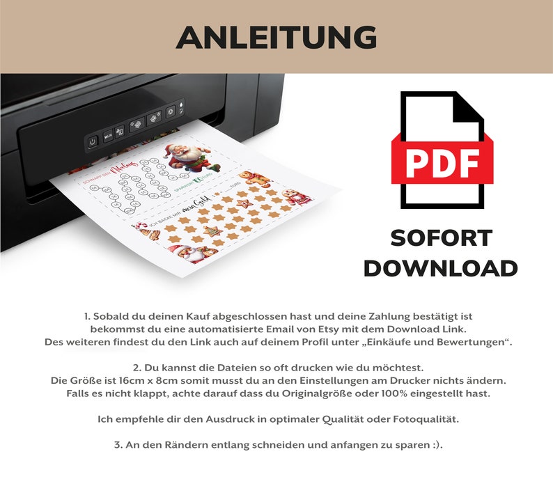May include: Instructions for a printable Christmas advent calendar with a Santa Claus theme. The instructions are in German and include a PDF download link. The image shows a printer with a sheet of paper coming out of it, and the paper has a design for a Christmas advent calendar.