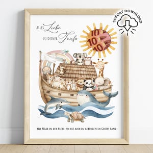 以下が含まれることがあります： 様々な動物、虹、数字の10の太陽が描かれたノアの箱舟の水彩イラスト。テキストには「Alles Liebe zu deiner Taufe」と「Wie Noah in der Arche, so bist auch du geborgen in Gottes Hand」と書かれています。
