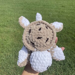 May include: A crocheted plush turtle toy with a brown shell and white legs and head. The turtle has a smiling face.