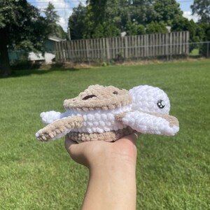 May include: A crocheted stuffed turtle toy with a brown shell and white head and legs. The turtle is being held in a person's hand.