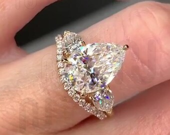 2.25 CT Pear Cut Lab Grown Diamond Three Stone Engagement Ring IGI Certified Lab Created Diamond Ring Wedding Promise Ring Anniversary Gift