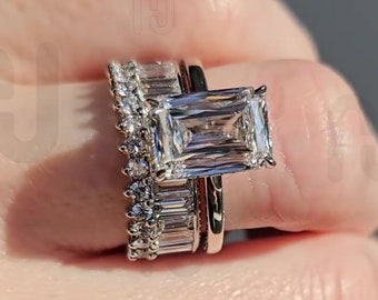 Anillo de diamantes cultivados en laboratorio certificado por IGI, anillo de diamantes creado en laboratorio de talla esmeralda de 2 CT, anillo de compromiso de banda de talla esmeralda a juego, regalo para ella