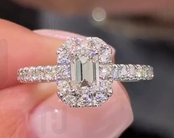 1.0 CT Emerald Cut Lab Grown Diamond Engagement Ring F/VS1 Lab Created Halo Wedding Ring Pave Setting Emerald Cut Unique Anniversary Gift
