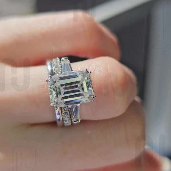 Emerald Cut Diamond Engagement Ring Set 2 CT Emerald Cut Side Tapered Lab Grown Diamond Ring Wedding Ring for Women Anniversary Ring for Her