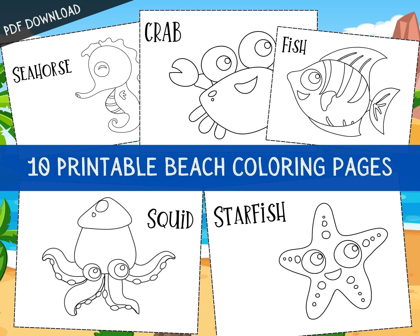 10 Beach Animal Printable Coloring Pages for Children Boys & Etsy
