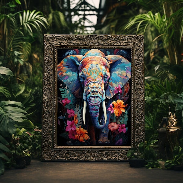 Oil Painting Inspired Elephant Digital Print, Instant Download, Printable Art, Wildlife Gift, Animal Décor, Animal Painting, Colourful