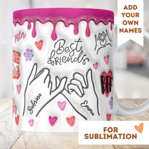 Taza 3D con diseño de sublimación de 11 oz y 15 oz para mejor amiga, descarga PNG inflada, regalo personalizado, promesa de meñique, hermana, mejor amiga, mejor amiga, tomados de la mano, arte lineal
