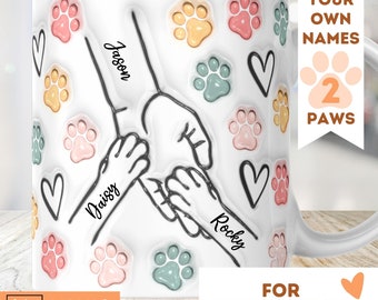 Holding Hands 2 Paws Cat Dog 3D Mug Wrap 11oz 15oz Sublimation Download Inflated PNG Mothersday Fathersday Doglover Puppy Kitten Pet Friend