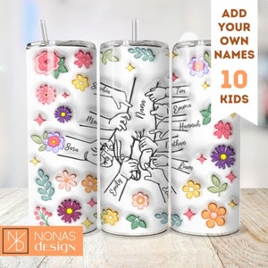 Tenendosi per mano 10 bambini 3D Tumbler Wrap 20 oz Sublimazione Scarica PNG gonfiato Festa della mamma Personalizzato Nonna Famiglia Tata Nana Prima Mia Figlia