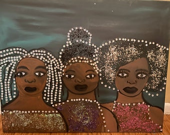 Drie vrouwen versierd met edelstenen - Origineel handgeschilderd kunstwerk op canvas - Empowerment woondecoratie