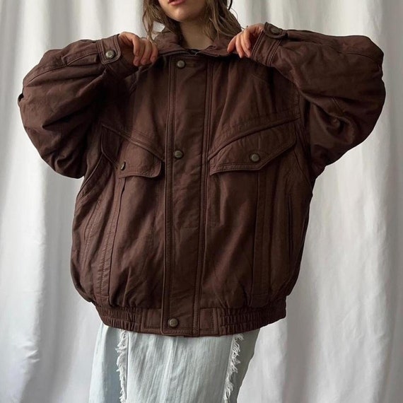 Vintage 90s Brown Genuine Leather Zip up Bomber Jacket by Vintage 90s Brown Genuine Leather Zip up Bomber Jacket by