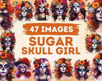 47 Sugar Skull Girl Clipart - Floral Sugar Skull Women Clipart, Dia de Los Muertos Clipart, Day of The Dead Clipart, halloween Clipart