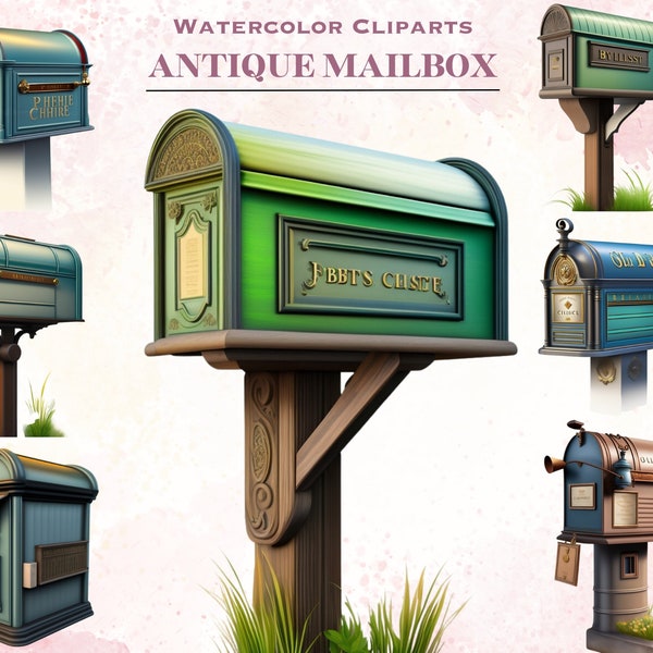 Watercolor antique mailbox clipart, Mailbox png, Post office clipart bundle, Watercolor letter box png, Card making, vintage mailbox