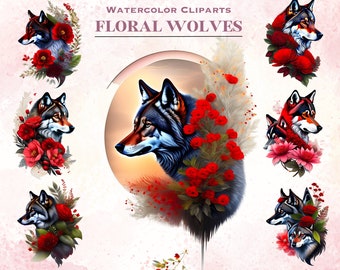 Watercolor wolves in red flowers clipart, Wolf clipart bundle, Wild animal clipart, Digital download, Printable PNG, Scrapbook,red wolves.