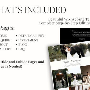 May include: A Wix website template for photographers, featuring a black and white design with a header that says "Sweet Spot Lead Photographer". The template includes 8 pages: Home, Inquire, About, Gallery, Detail Gallery, Investment, Blog, and FAQ. The template also includes a step-by-step editing video.
