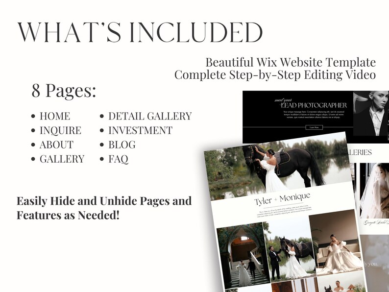 May include: A Wix website template for photographers, featuring a black and white design with a header that says "Sweet Spot Lead Photographer". The template includes 8 pages: Home, Inquire, About, Gallery, Detail Gallery, Investment, Blog, and FAQ. The template also includes a step-by-step editing video.