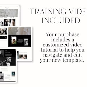May include: A website template design with a black and white colour scheme. The website features a gallery of images, a section for testimonials, and a contact form. The text "TRAINING VIDEO INCLUDED" is displayed in large, bold letters. The text "Your purchase includes a customized video tutorial to help you navigate and edit your new template." is displayed below the title.