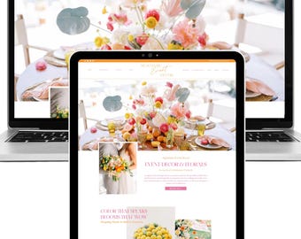 Może przedstawiać: Laptop i tablet wyświetlające stronę internetową Signature Event Decor. Ekrany pokazują stronę główną z kolorowymi kompozycjami kwiatowymi, fotografiami dekoracji eventowych oraz nagłówkami takimi jak Event Decor & Florals.