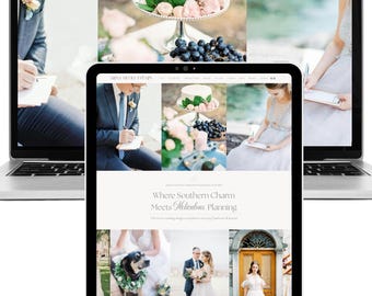 May include: A laptop and a tablet displaying the Cole Events website. The screen shows wedding photography including a white cake, a person in a suit, a person in a gown, a dog with a floral wreath, and text reading Where Southern Charm Meets Meticulous Planning.