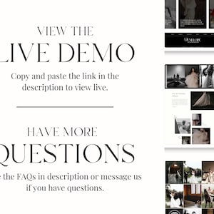 May include: A black and white image with text that reads "VIEW THE LIVE DEMO" and "Copy and paste the link in the description to view live." Below that is text that reads "HAVE MORE QUESTIONS" and "See the FAQs in description or message us if you have questions."