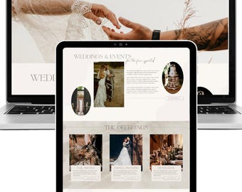 May include: A laptop and a tablet displaying a website titled Wanderlust. The screens show a wedding and event planning interface with various photographs of couples, event decor, and text blocks detailing service offerings and event planning.