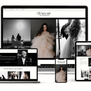 May include: A website for a photography business called Penelope Fine Art Photography. The website features images of a wedding couple, a bride in a white dress, and a photographer. The website also includes a section for featured galleries.