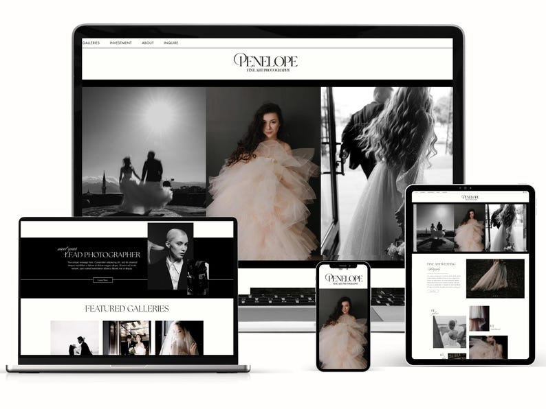 May include: A website for a photography business called Penelope Fine Art Photography. The website features images of a wedding couple, a bride in a white dress, and a photographer. The website also includes a section for featured galleries.