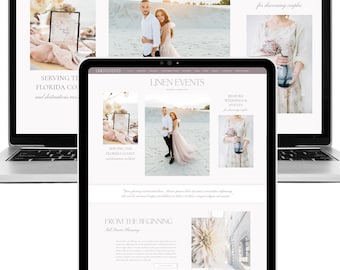 May include: A laptop and a tablet displaying the Linen Events website. The screens feature photography of a couple on a beach, floral arrangements, and text headers including Linen Events, Bespoke Weddings & Events, and From The Beginning.