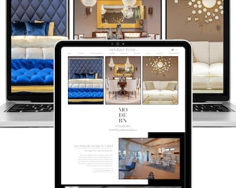 May include: A laptop and a tablet displaying the Opulent Living website. The screens show interior design photography featuring blue tufted furniture, crystal chandeliers, gold sunburst mirrors, and white sofas, with the text Modern Interiors.