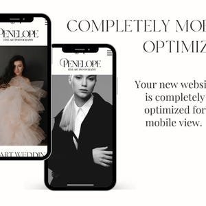 May include: Two mobile phone screens displaying a website for Penelope Fine Art Photography. The website features a black and white photo of a woman wearing a coat and a photo of a woman wearing a tulle dress.